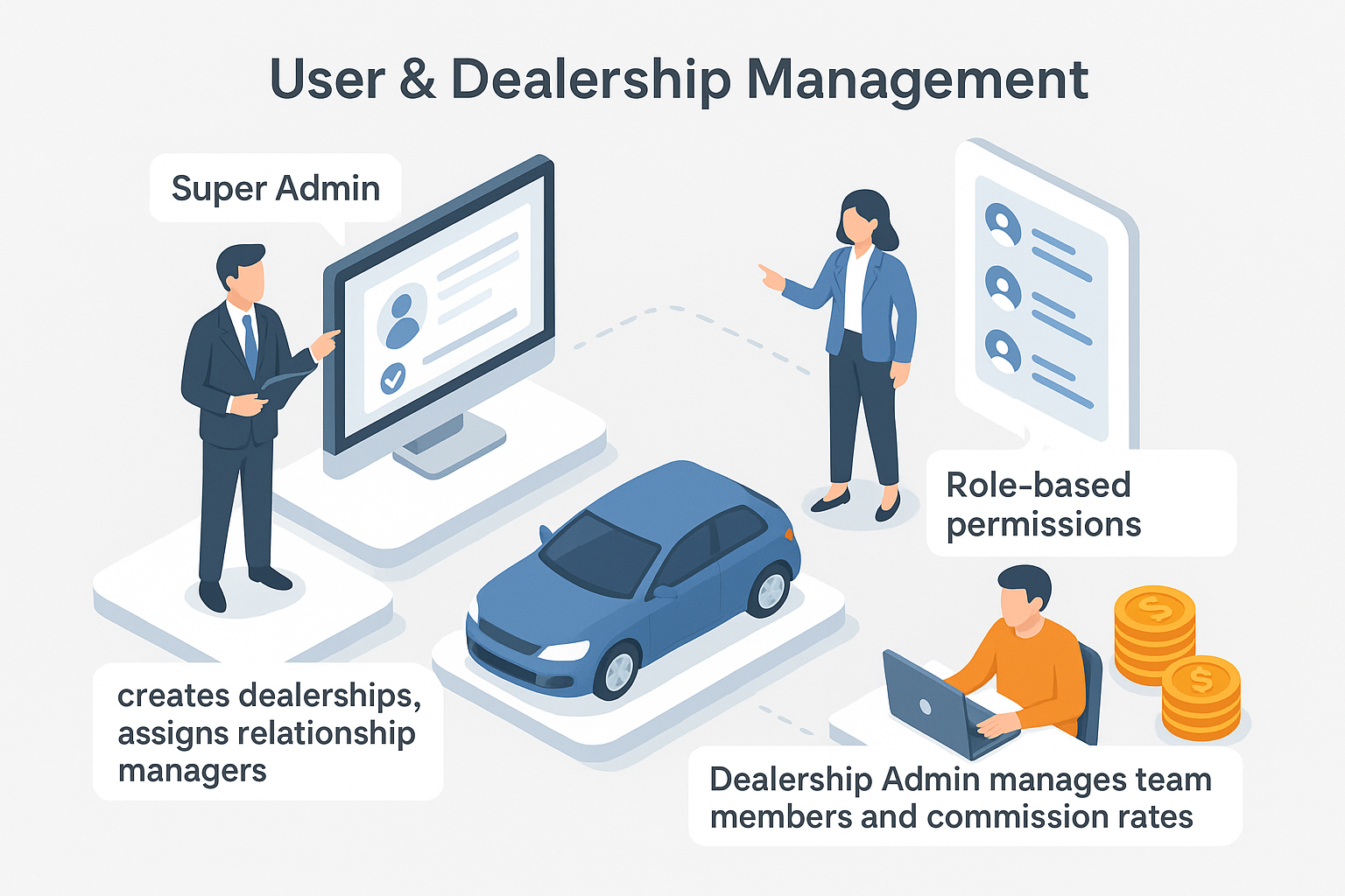 User & Dealership Management system showing Super Admin creating dealerships, role-based permissions, and dealership admin managing team members and commission rates
